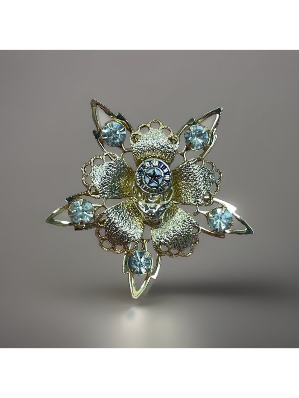 Vintage Fraternal Order Of Elks Gold-Tone Clear Rhinestone Flower Brooch Pin